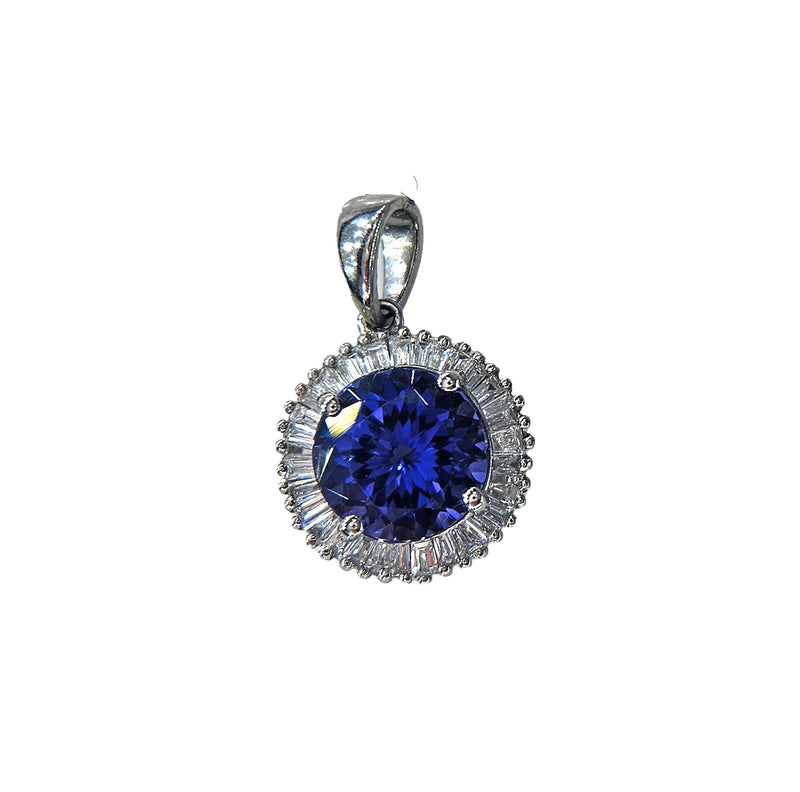 Rhapsody AAAA Round Tanzanite & E-F VS Baguettes Diamonds 3.20ctw Halo 950 Platinum Pendant