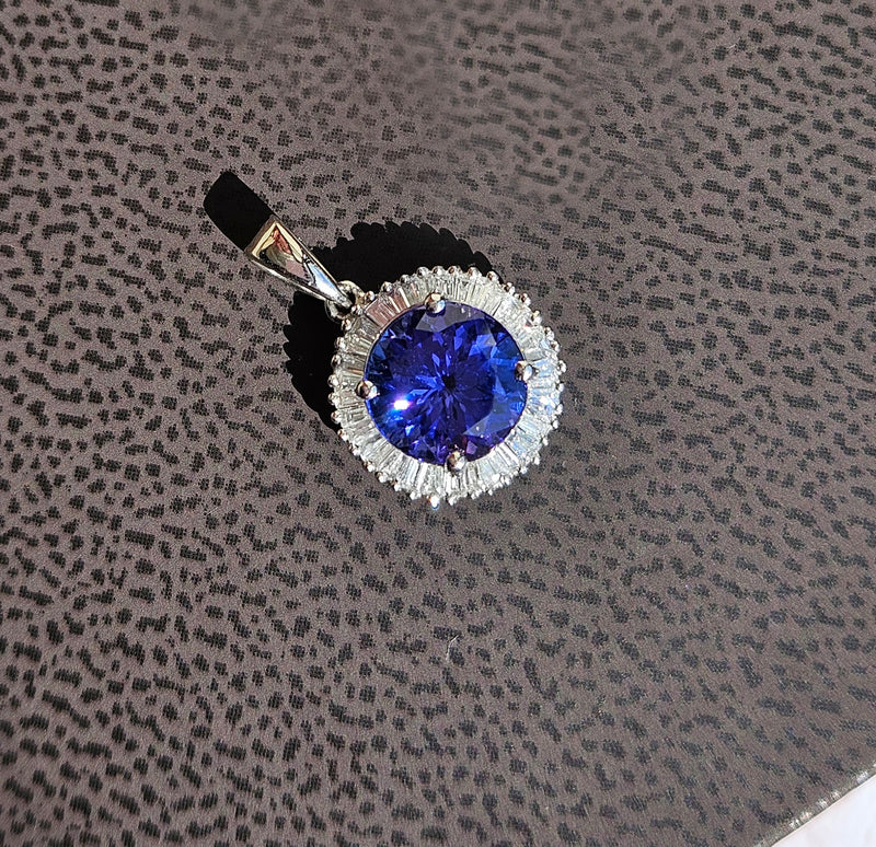 Rhapsody AAAA Round Tanzanite & E-F VS Baguettes Diamonds 3.20ctw Halo 950 Platinum Pendant