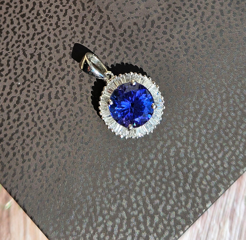 Rhapsody AAAA Round Tanzanite & E-F VS Baguettes Diamonds 3.20ctw Halo 950 Platinum Pendant