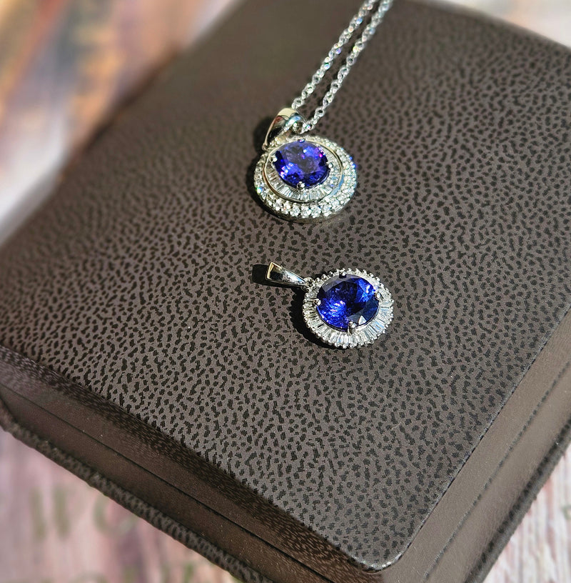 Rhapsody AAAA Round Tanzanite & E-F VS Baguettes Diamonds 3.20ctw Halo 950 Platinum Pendant