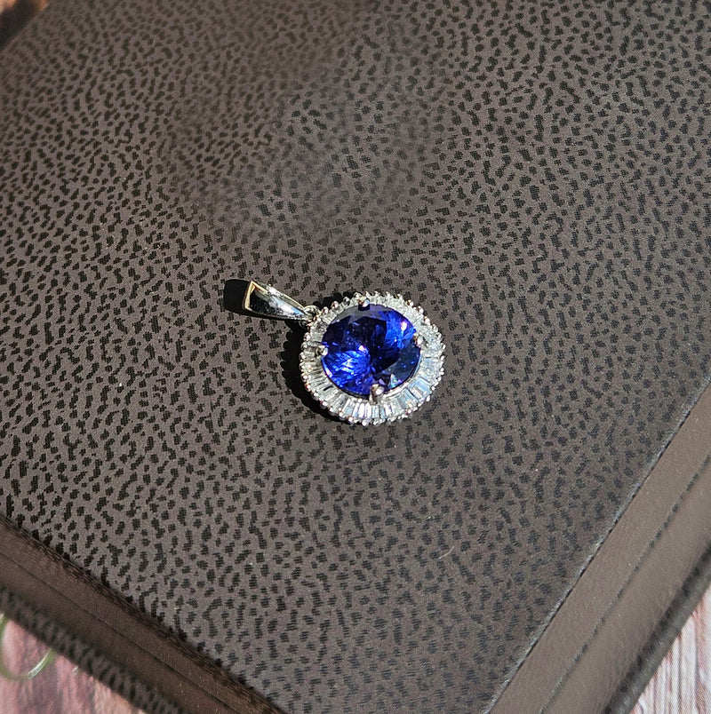 Rhapsody AAAA Round Tanzanite & E-F VS Baguettes Diamonds 3.20ctw Halo 950 Platinum Pendant