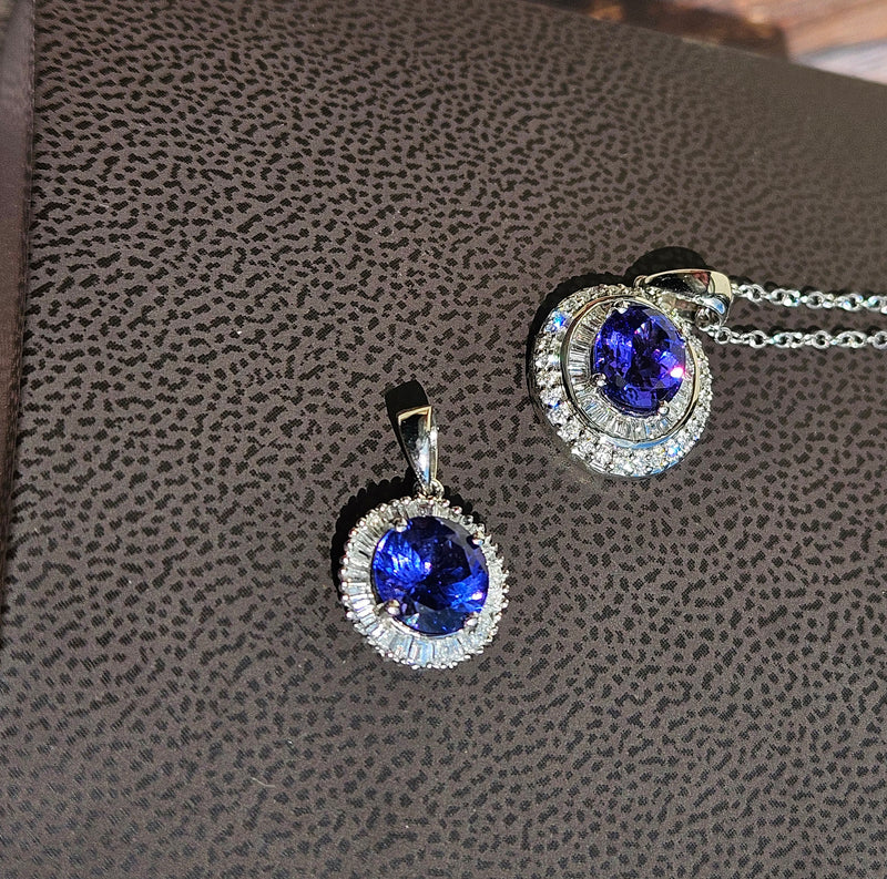 Rhapsody AAAA Round Tanzanite & E-F VS Baguettes Diamonds 3.20ctw Halo 950 Platinum Pendant