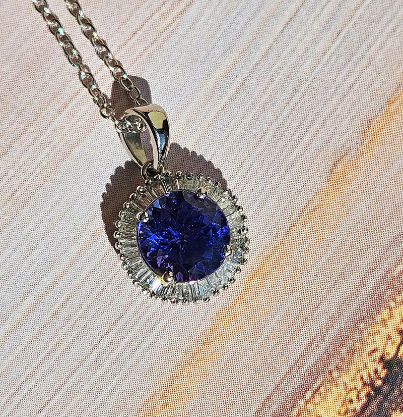 Rhapsody AAAA Round Tanzanite & E-F VS Baguettes Diamonds 3.20ctw Halo 950 Platinum Pendant
