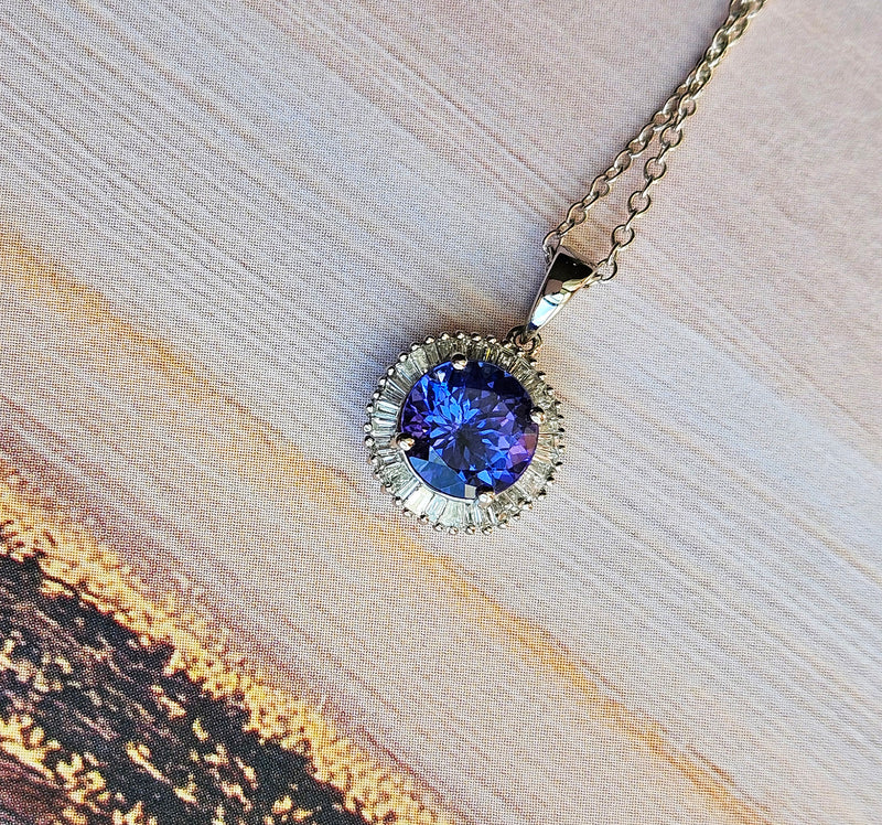 Rhapsody AAAA Round Tanzanite & E-F VS Baguettes Diamonds 3.20ctw Halo 950 Platinum Pendant