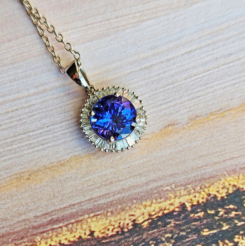 Rhapsody AAAA Round Tanzanite & E-F VS Baguettes Diamonds 3.20ctw Halo 950 Platinum Pendant