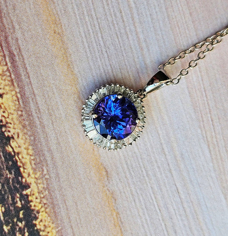 Rhapsody AAAA Round Tanzanite & E-F VS Baguettes Diamonds 3.20ctw Halo 950 Platinum Pendant