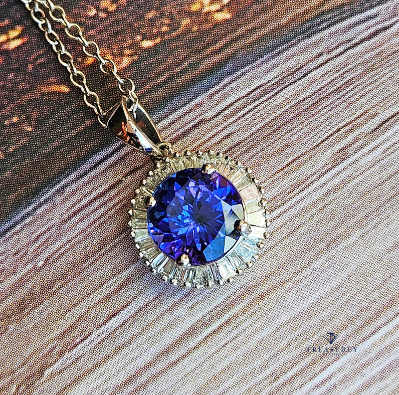 Rhapsody AAAA Round Tanzanite & E-F VS Baguettes Diamonds 3.20ctw Halo 950 Platinum Pendant