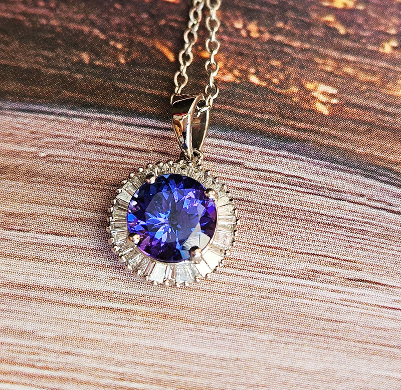 Rhapsody AAAA Round Tanzanite & E-F VS Baguettes Diamonds 3.20ctw Halo 950 Platinum Pendant