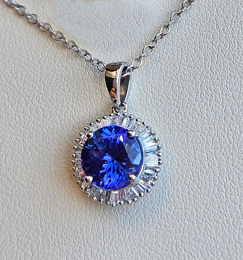 Rhapsody AAAA Round Tanzanite & E-F VS Baguettes Diamonds 3.20ctw Halo 950 Platinum Pendant