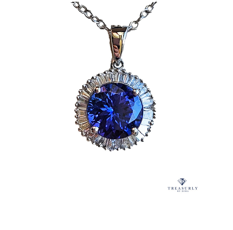 Rhapsody AAAA Round Tanzanite & E-F VS Baguettes Diamonds 3.20ctw Halo 950 Platinum Pendant