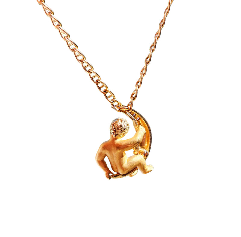 Authentic Carrera y Carrera Diamond Crescent Moon & Angel Child 18k Yellow Gold Pendant Necklace