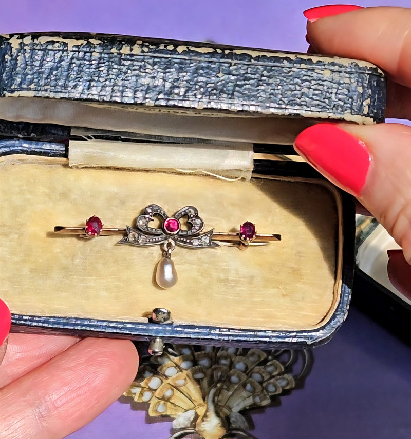 1890s English Antique Rose Cut Diamond Ruby Pearl Gold Gold Silver Bar Brooch Pin