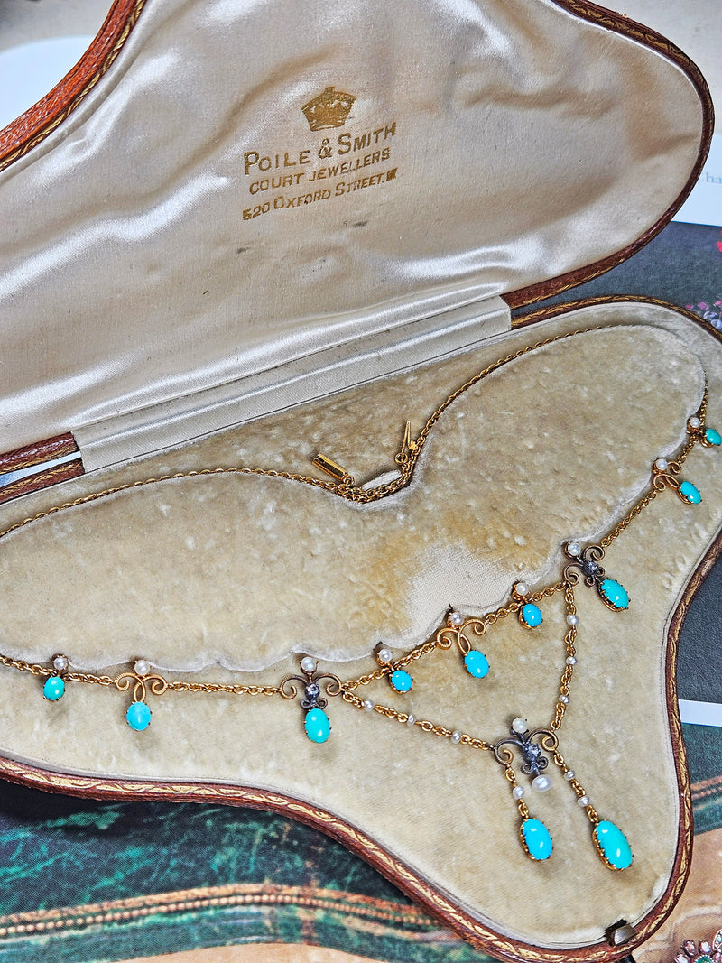 Antique English Victorian Swags 15ct Yellow Gold Turquoise Pearl & Diamond Necklace in Fitted Box