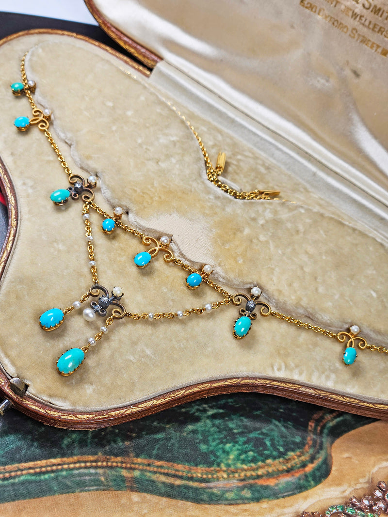 Antique English Victorian Swags 15ct Yellow Gold Turquoise Pearl & Diamond Necklace in Fitted Box