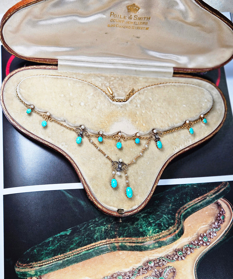 Antique English Victorian Swags 15ct Yellow Gold Turquoise Pearl & Diamond Necklace in Fitted Box