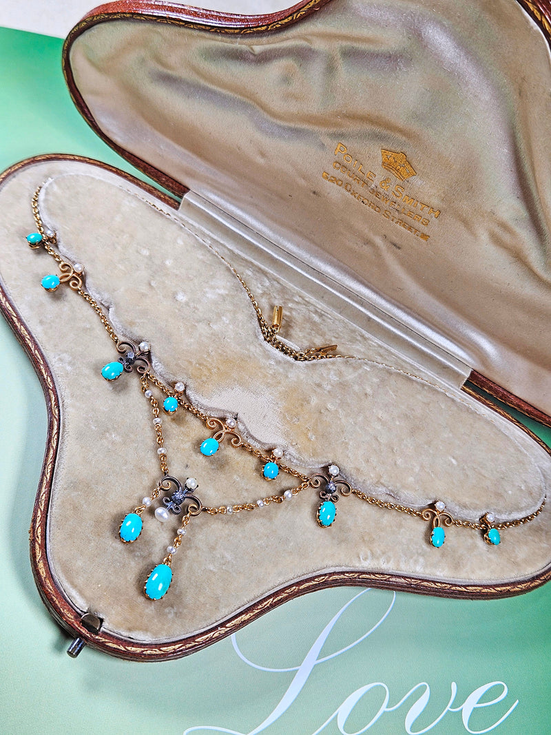 Antique English Victorian Swags 15ct Yellow Gold Turquoise Pearl & Diamond Necklace in Fitted Box
