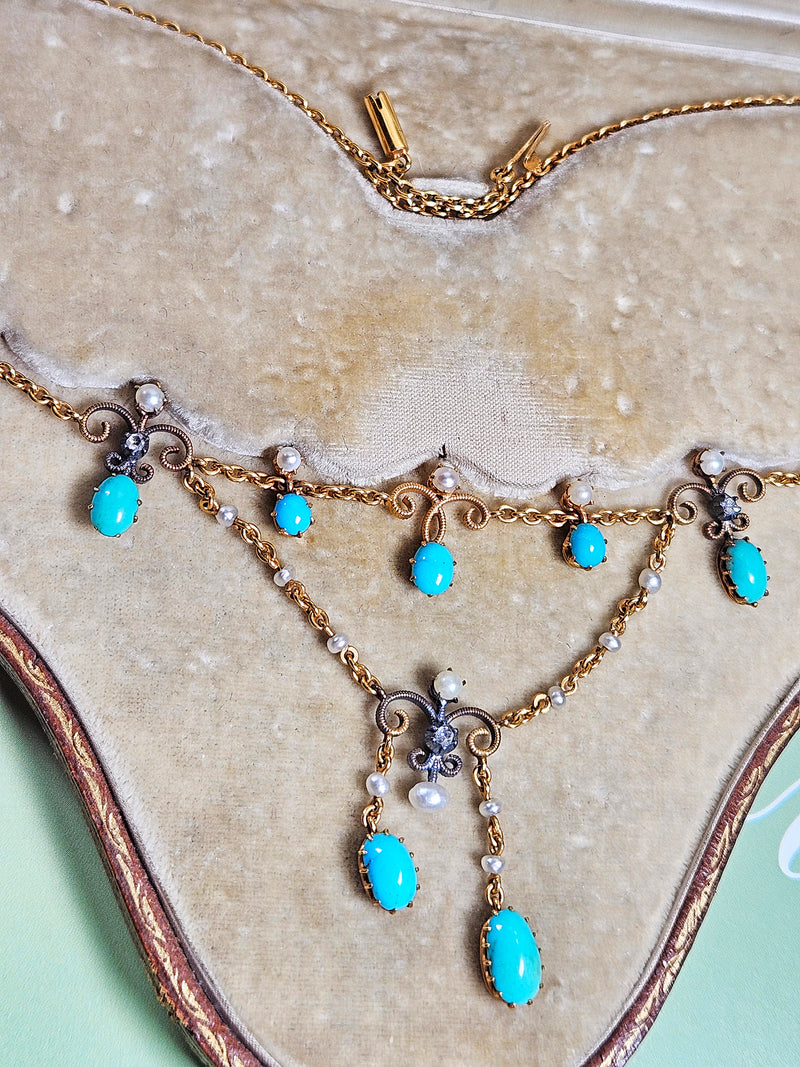 Antique English Victorian Swags 15ct Yellow Gold Turquoise Pearl & Diamond Necklace in Fitted Box