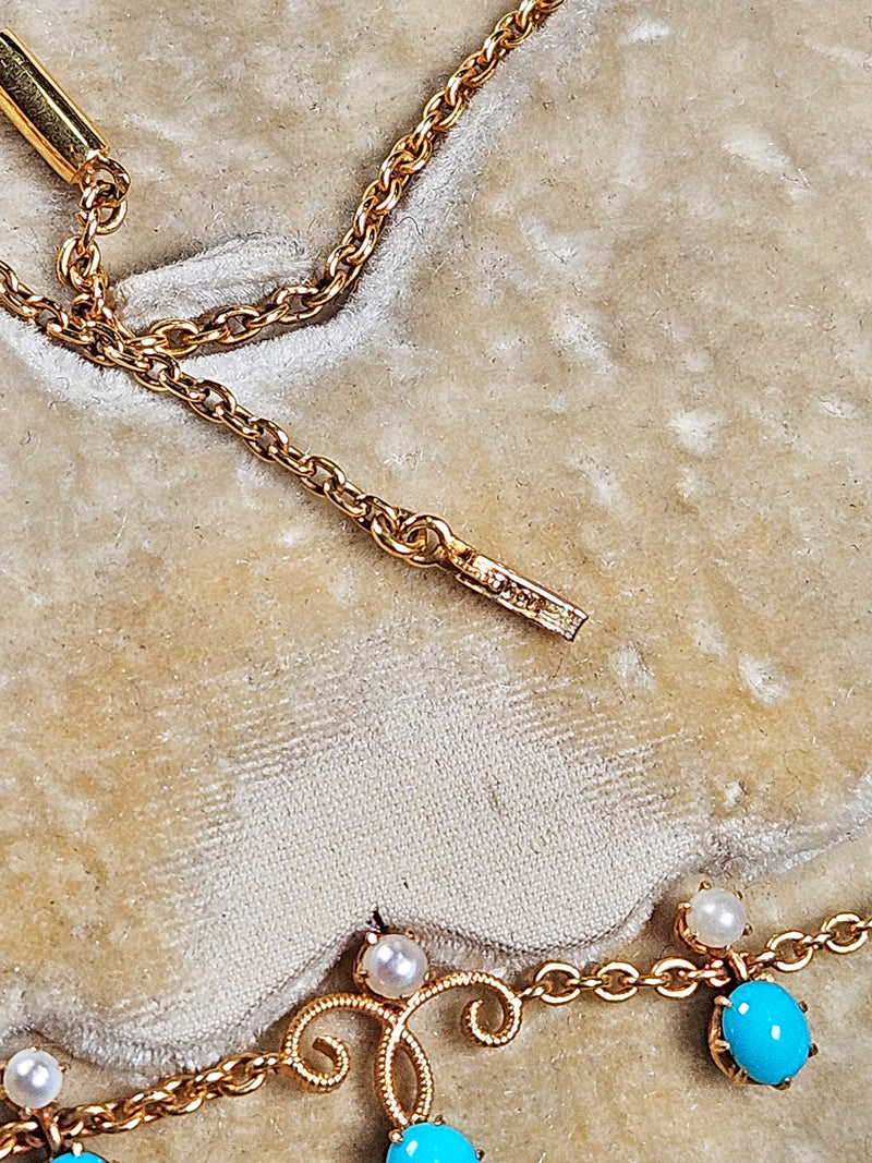 Antique English Victorian Swags 15ct Yellow Gold Turquoise Pearl & Diamond Necklace in Fitted Box