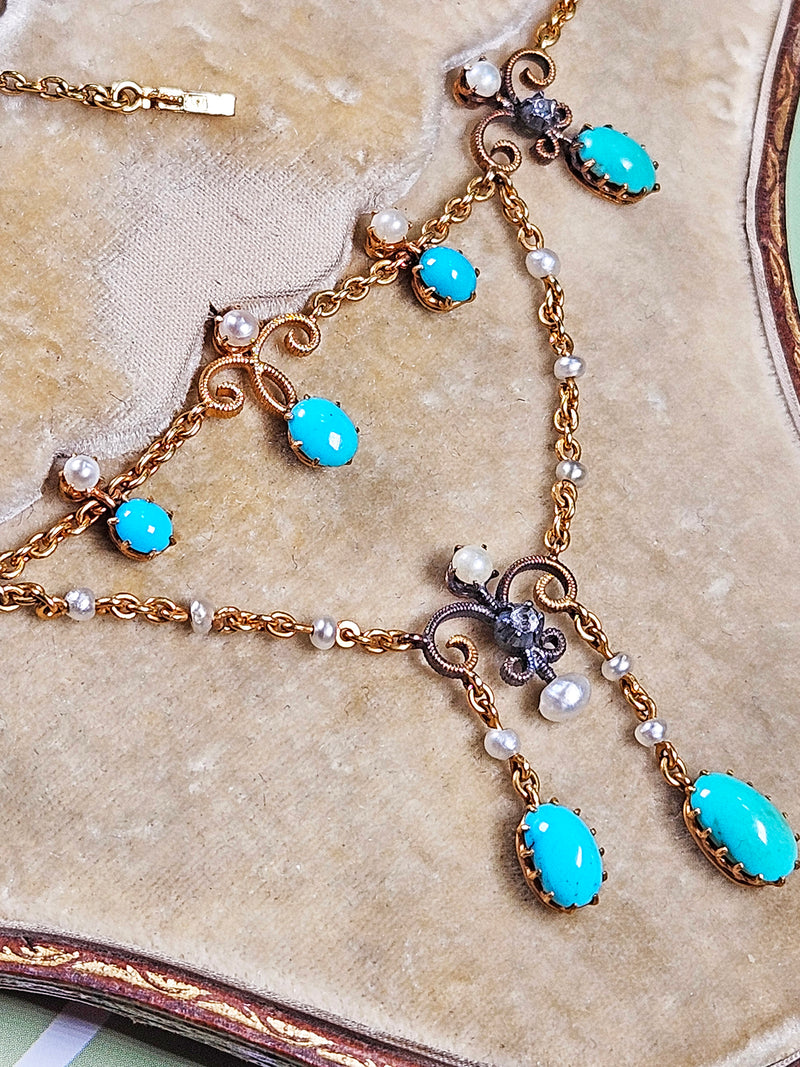 Antique English Victorian Swags 15ct Yellow Gold Turquoise Pearl & Diamond Necklace in Fitted Box