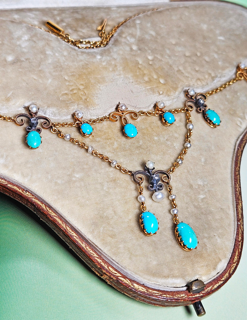 Antique English Victorian Swags 15ct Yellow Gold Turquoise Pearl & Diamond Necklace in Fitted Box