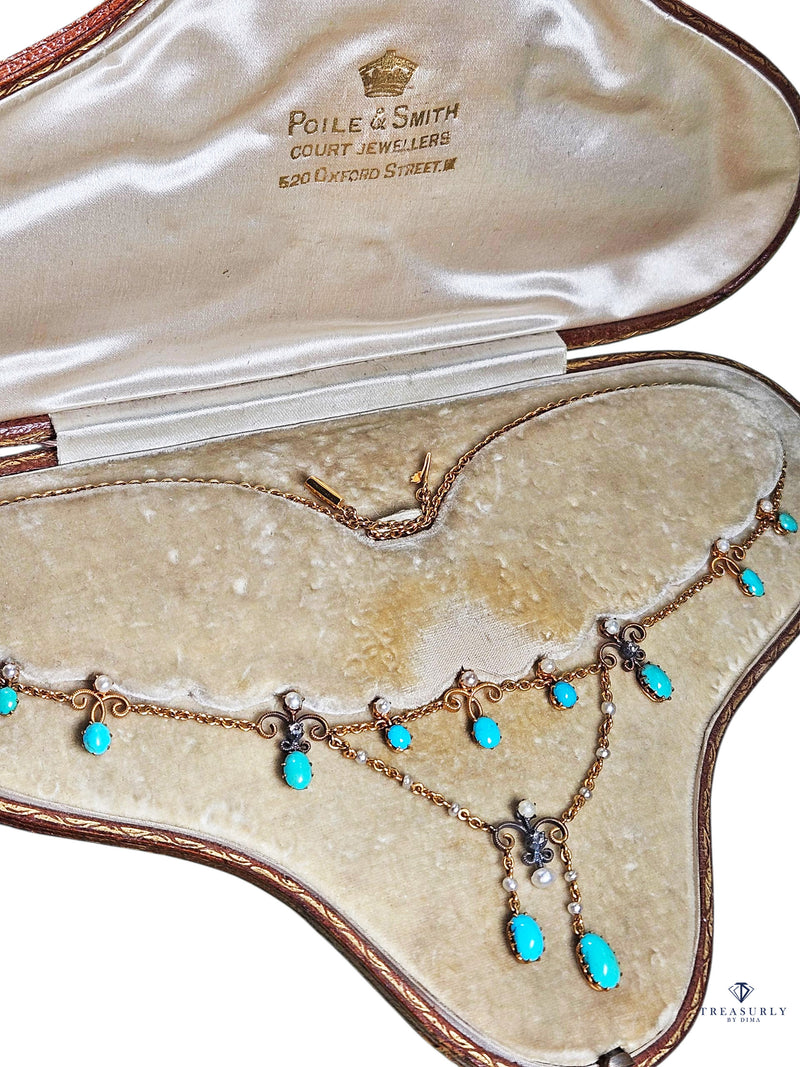 Antique English Victorian Swags 15ct Yellow Gold Turquoise Pearl & Diamond Necklace in Fitted Box