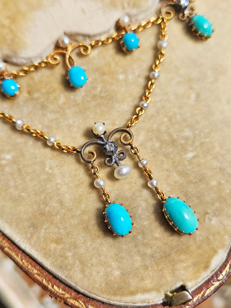 Antique English Victorian Swags 15ct Yellow Gold Turquoise Pearl & Diamond Necklace in Fitted Box
