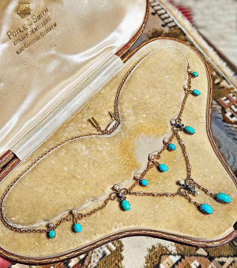 Antique English Victorian Swags 15ct Yellow Gold Turquoise Pearl & Diamond Necklace in Fitted Box