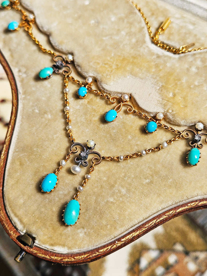 Antique English Victorian Swags 15ct Yellow Gold Turquoise Pearl & Diamond Necklace in Fitted Box