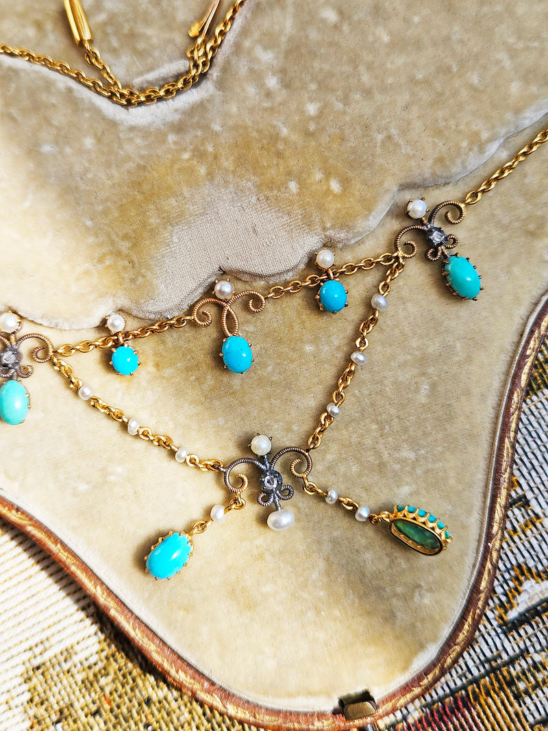 Antique English Victorian Swags 15ct Yellow Gold Turquoise Pearl & Diamond Necklace in Fitted Box