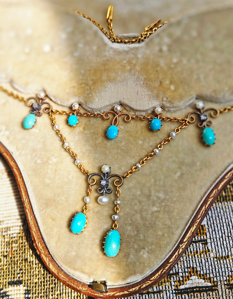 Antique English Victorian Swags 15ct Yellow Gold Turquoise Pearl & Diamond Necklace in Fitted Box