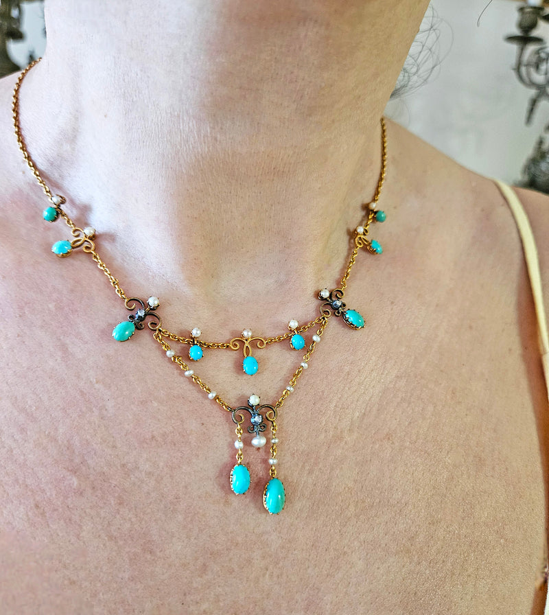 Antique English Victorian Swags 15ct Yellow Gold Turquoise Pearl & Diamond Necklace in Fitted Box