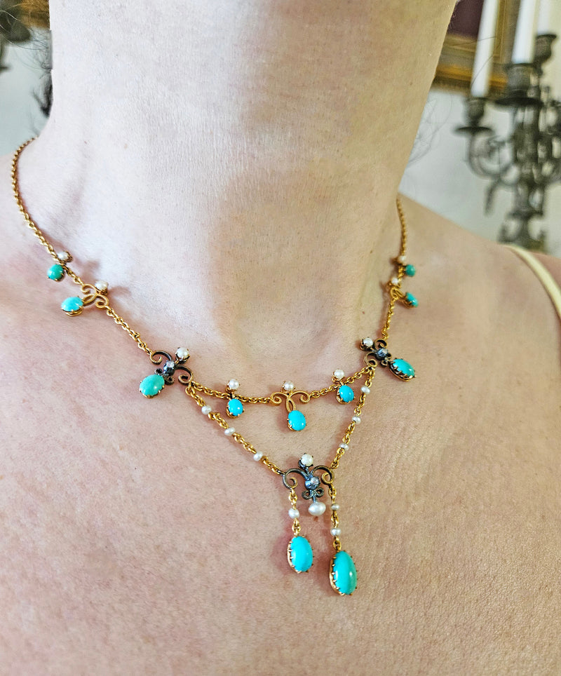 Antique English Victorian Swags 15ct Yellow Gold Turquoise Pearl & Diamond Necklace in Fitted Box