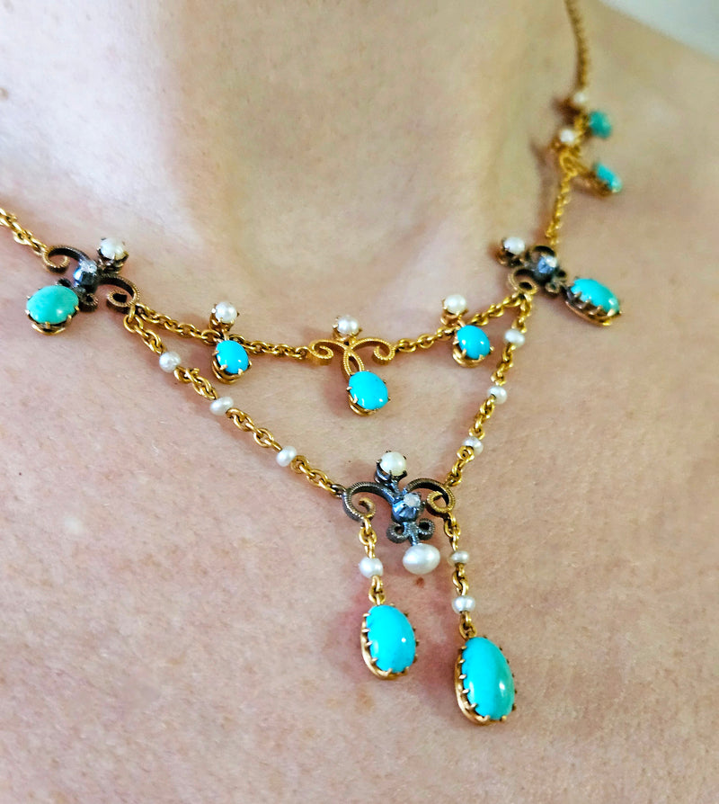 Antique English Victorian Swags 15ct Yellow Gold Turquoise Pearl & Diamond Necklace in Fitted Box
