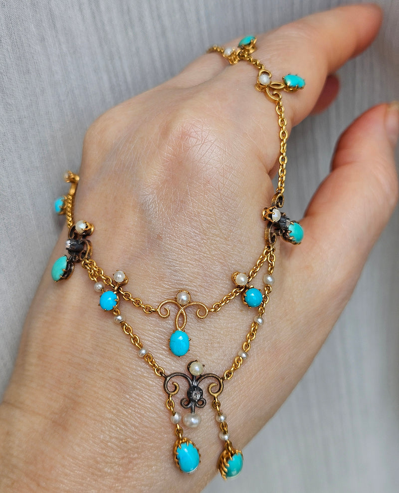 Antique English Victorian Swags 15ct Yellow Gold Turquoise Pearl & Diamond Necklace in Fitted Box