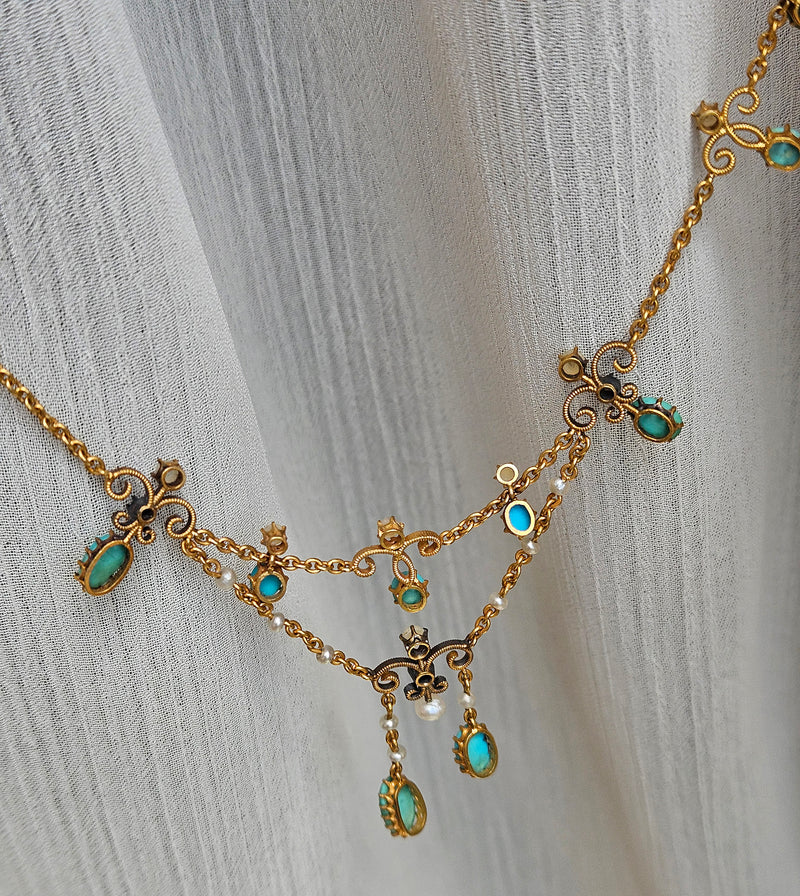 Antique English Victorian Swags 15ct Yellow Gold Turquoise Pearl & Diamond Necklace in Fitted Box