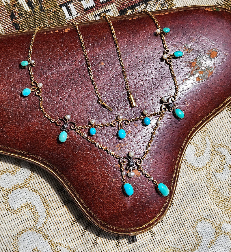 Antique English Victorian Swags 15ct Yellow Gold Turquoise Pearl & Diamond Necklace in Fitted Box
