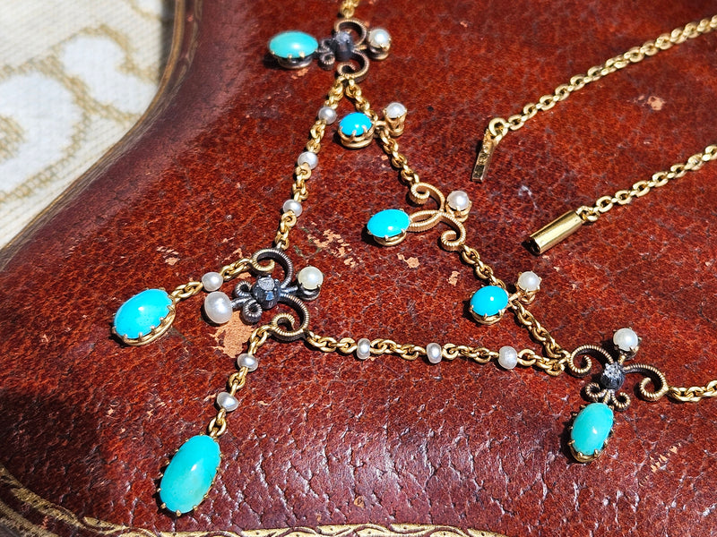 Antique English Victorian Swags 15ct Yellow Gold Turquoise Pearl & Diamond Necklace in Fitted Box