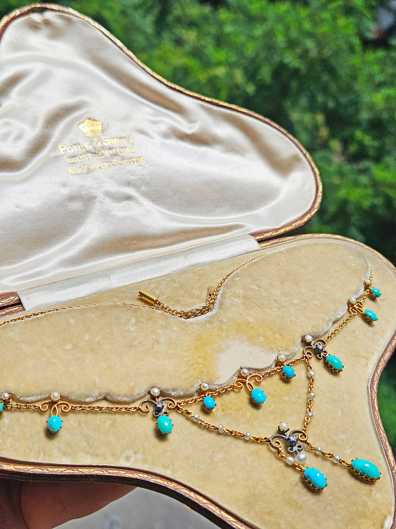 Antique English Victorian Swags 15ct Yellow Gold Turquoise Pearl & Diamond Necklace in Fitted Box