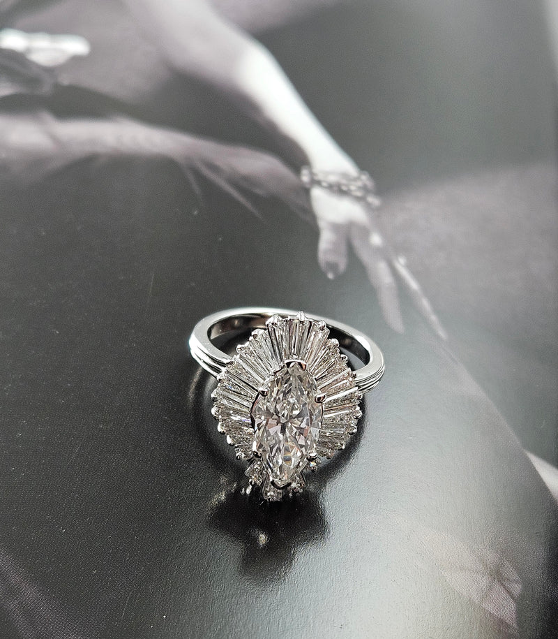 Vintage 1950s GIA 4.67ct Marquise Diamond Ballerina Cocktail 18K White Gold Ring