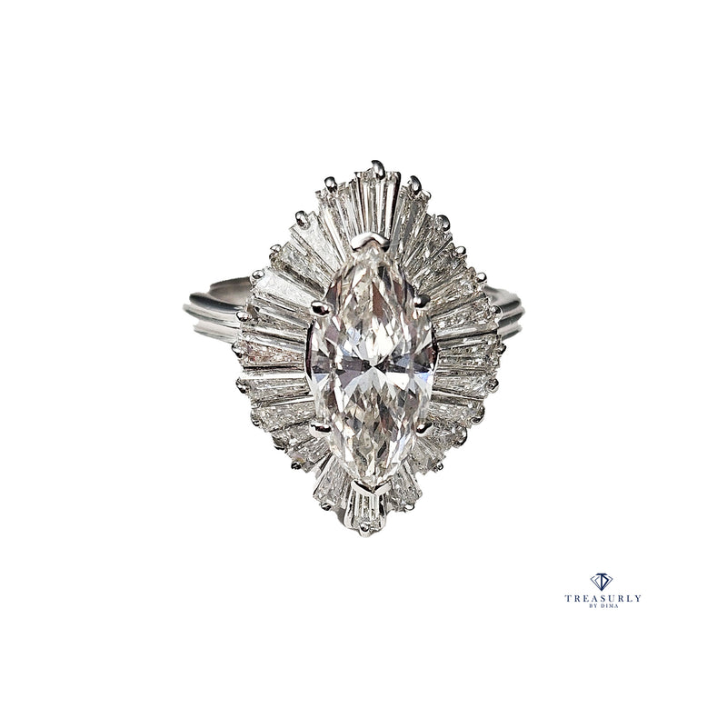 Vintage 1950s GIA 4.67ct Marquise Diamond Ballerina Cocktail 18K White Gold Ring