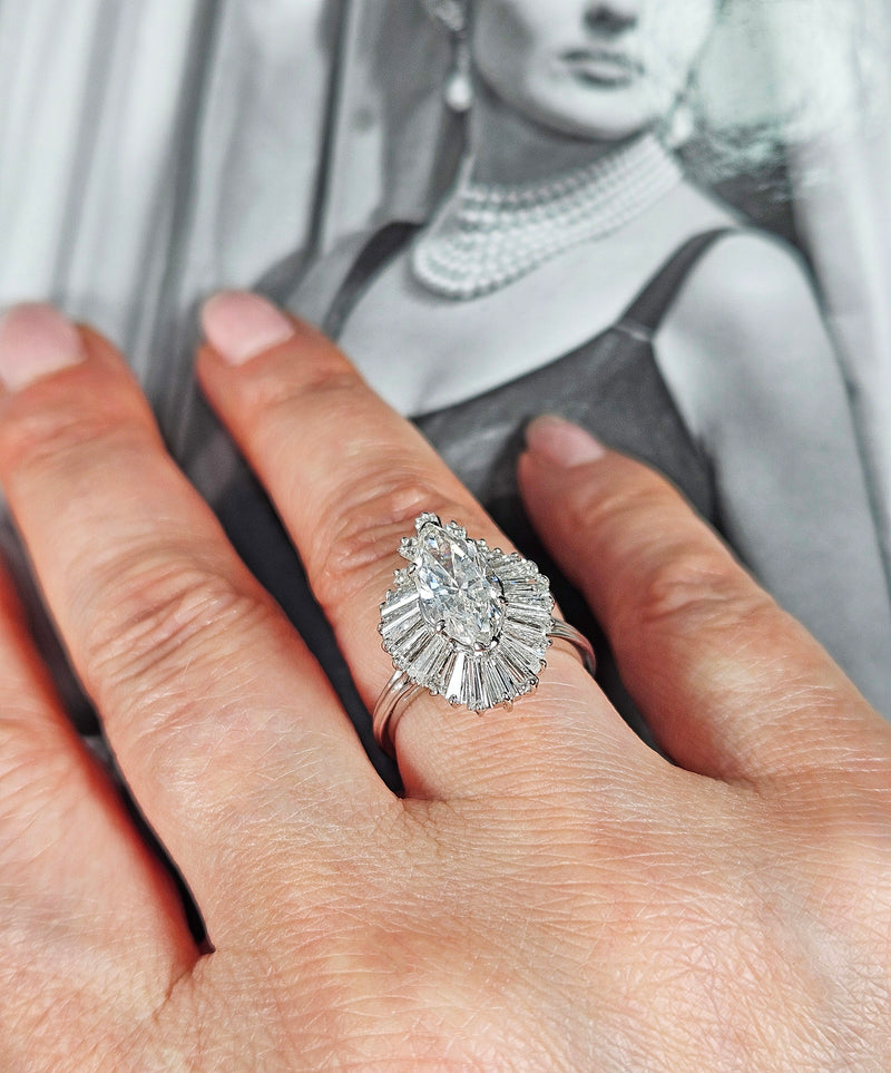 Vintage 1950s GIA 4.67ct Marquise Diamond Ballerina Cocktail 18K White Gold Ring