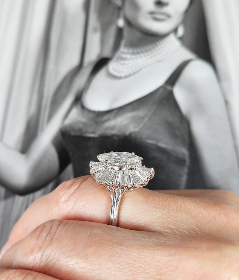 Vintage 1950s GIA 4.67ct Marquise Diamond Ballerina Cocktail 18K White Gold Ring