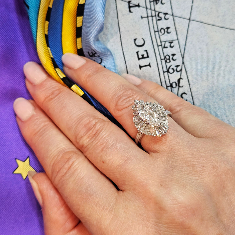Vintage 1950s GIA 4.67ct Marquise Diamond Ballerina Cocktail 18K White Gold Ring