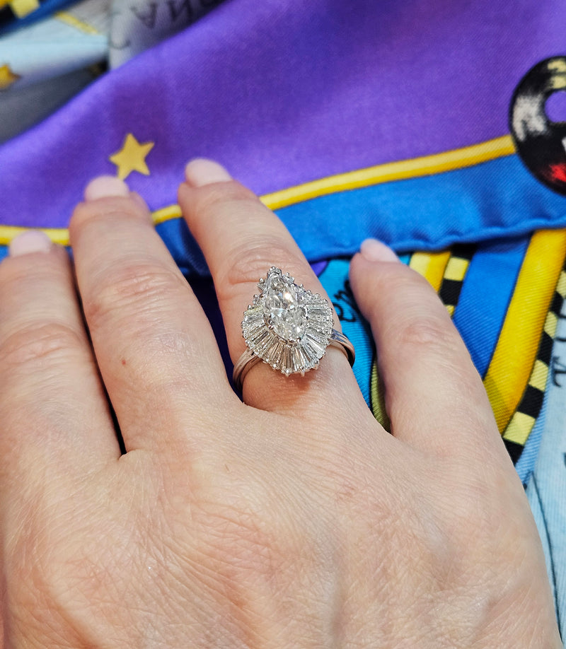 Vintage 1950s GIA 4.67ct Marquise Diamond Ballerina Cocktail 18K White Gold Ring