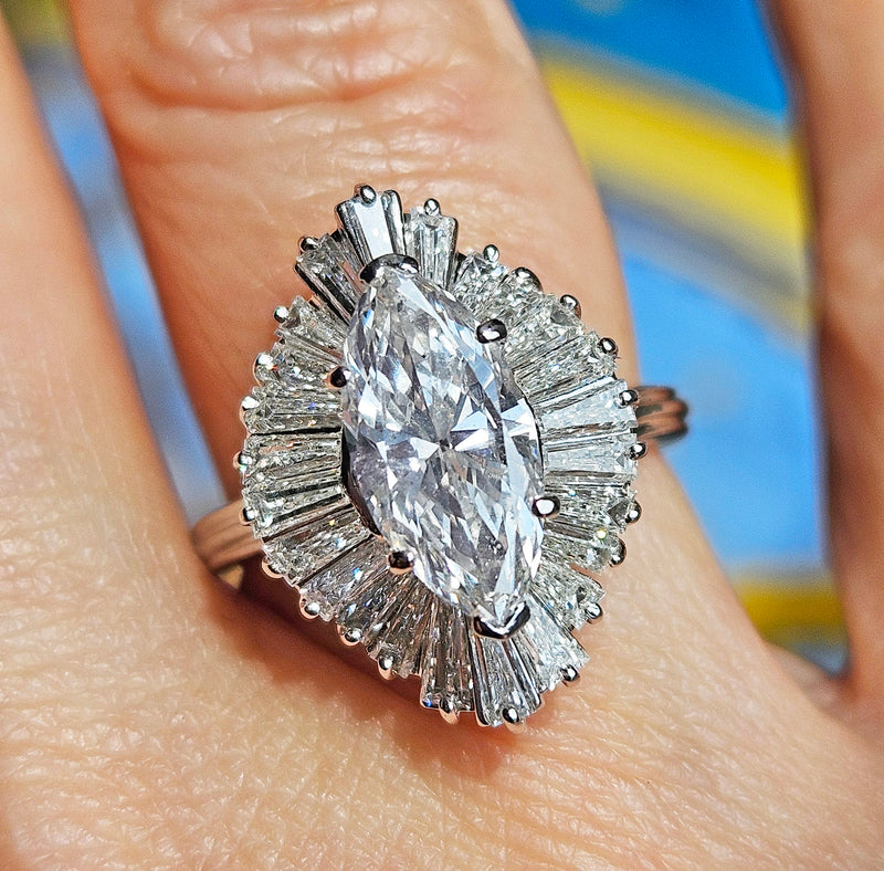 Vintage 1950s GIA 4.67ct Marquise Diamond Ballerina Cocktail 18K White Gold Ring