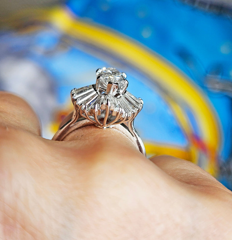 Vintage 1950s GIA 4.67ct Marquise Diamond Ballerina Cocktail 18K White Gold Ring
