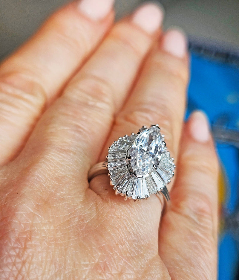 Vintage 1950s GIA 4.67ct Marquise Diamond Ballerina Cocktail 18K White Gold Ring