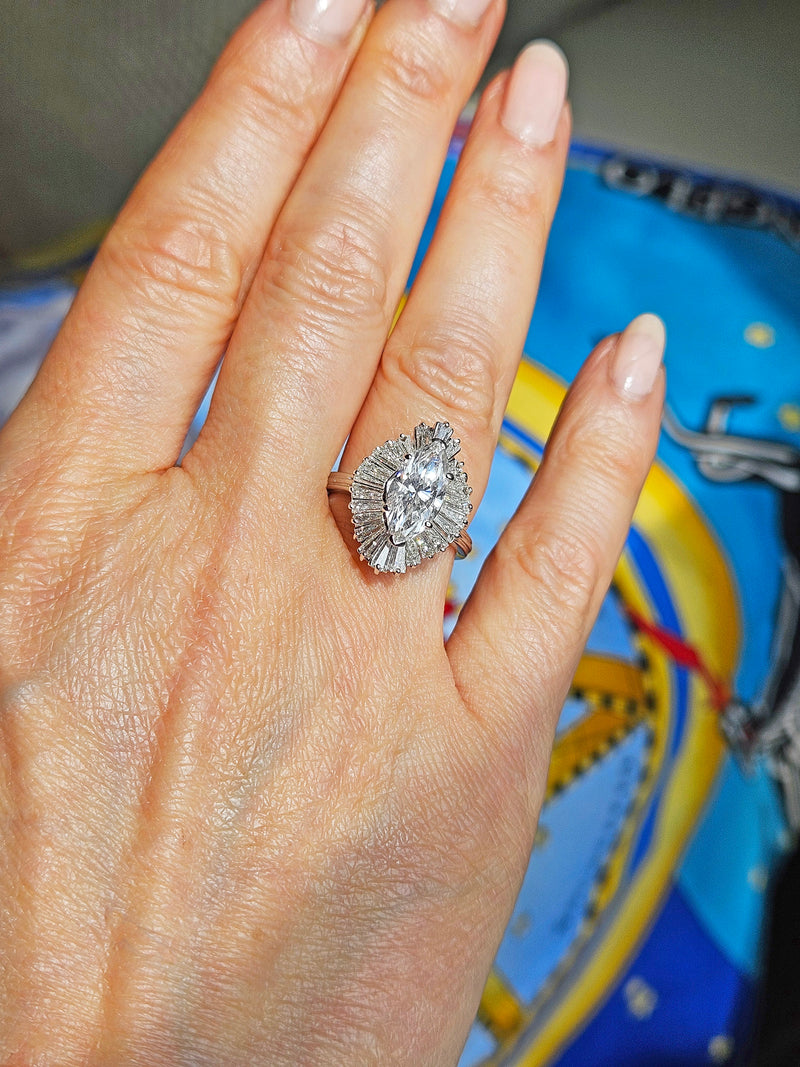 Vintage 1950s GIA 4.67ct Marquise Diamond Ballerina Cocktail 18K White Gold Ring