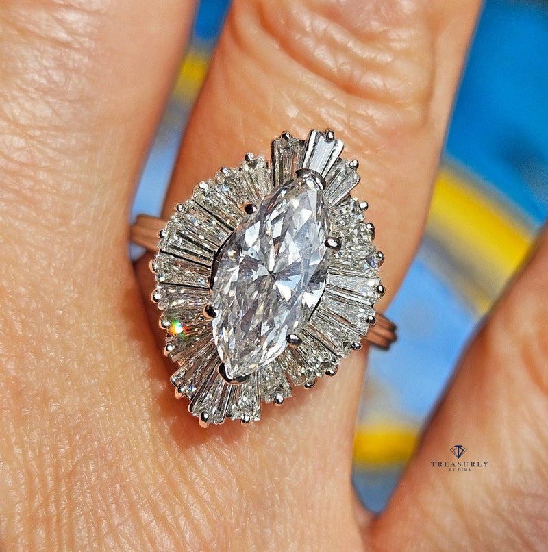 Vintage 1950s GIA 4.67ct Marquise Diamond Ballerina Cocktail 18K White Gold Ring