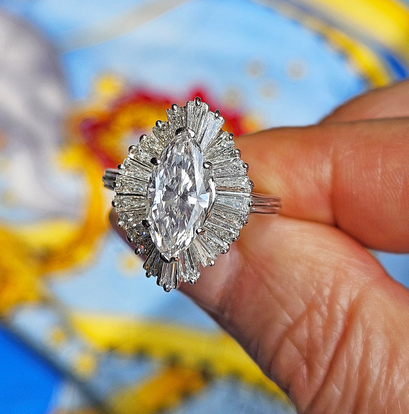 Vintage 1950s GIA 4.67ct Marquise Diamond Ballerina Cocktail 18K White Gold Ring
